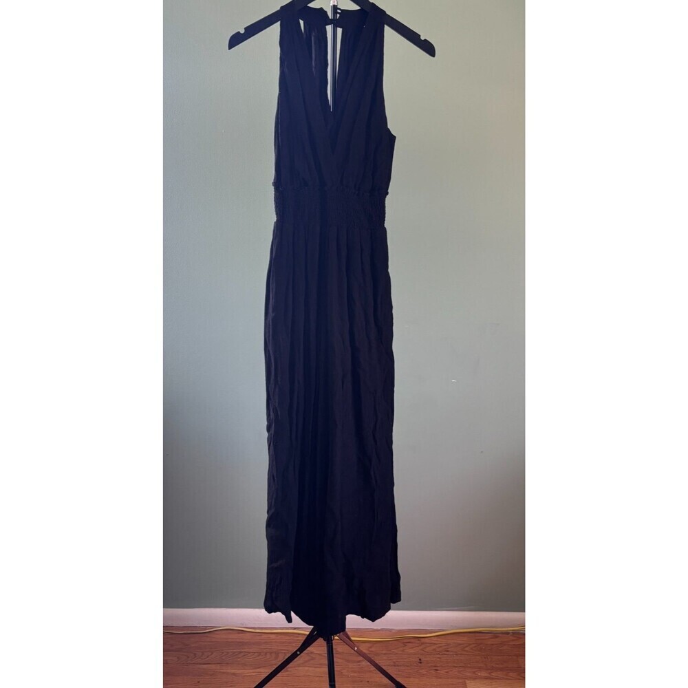 Anthropologie Jumpsuit Bionda Plisse Smocked Waist Wide Leg Black Size XS Boho - Picture 4 of 14